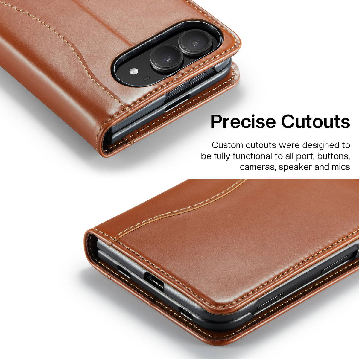 Vintage brown leather wallet case for iPhone DUO detailing precise cutouts around rear camera lenses, top speaker, and bottom charging port.