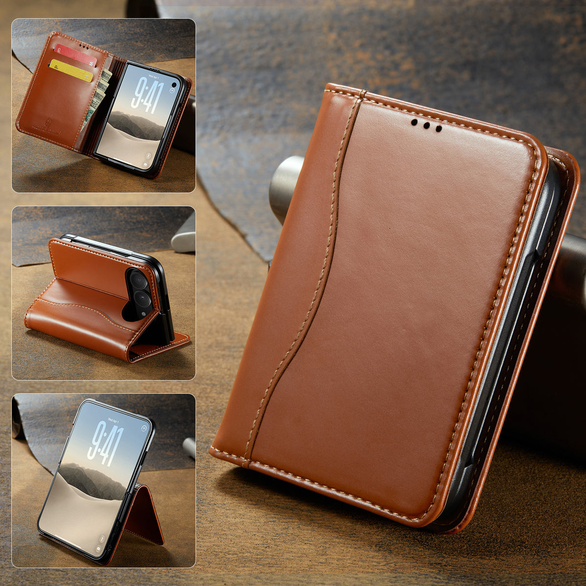 Vintage brown leather wallet case for iPhone DUO displaying open view with card slots, landscape kickstand mode, and closed front cover.