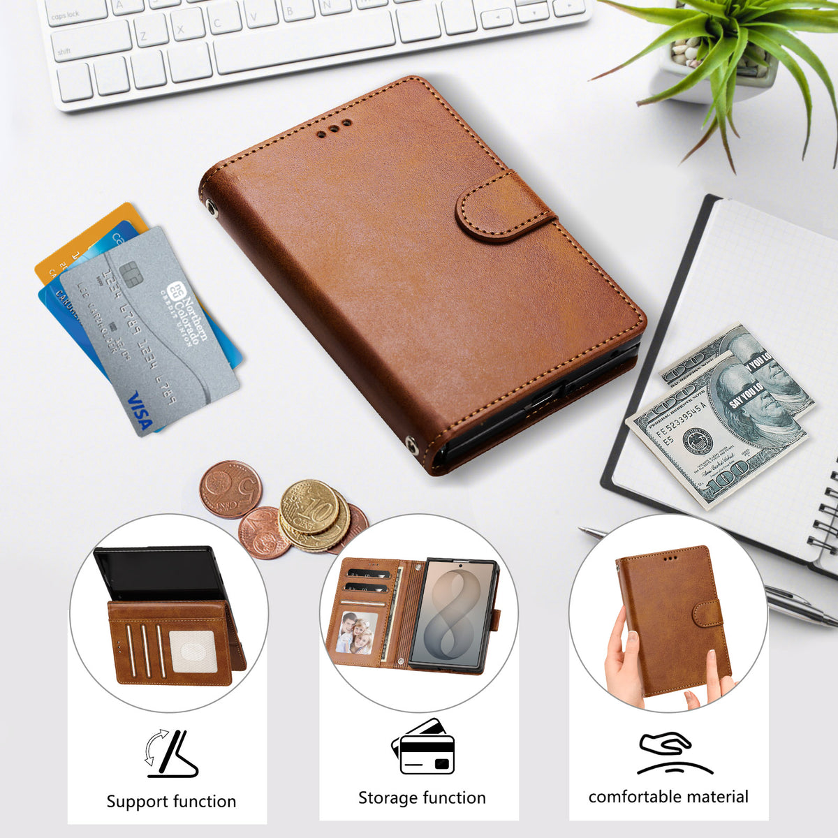 Vintage brown leather wallet case for iPhone DUO sitting on an office desk beside cash and credit cards, showcasing kickstand support, storage function, and comfortable material.