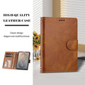 Vintage brown leather wallet folio case for iPhone DUO displayed alongside open card slot organizer and photo ID frame.