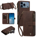 Vintage brown leather zipper wallet phone case with wristlet strap, card slots, cash holder, and crossbody lanyard