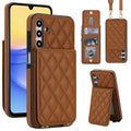 Vintage brown quilted leather crossbody wallet case for Samsung Galaxy A-Series displaying full composite views, including rear snap card slots, photo ID window, detachable shoulder lanyard, and vertical kickstand mode.