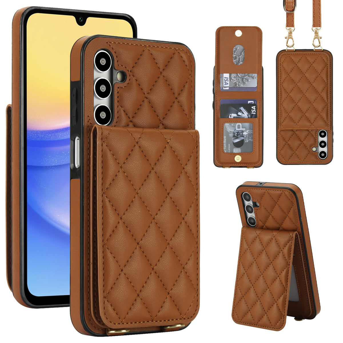 Vintage brown quilted leather crossbody wallet case for Samsung Galaxy A-Series displaying full composite views, including rear snap card slots, photo ID window, detachable shoulder lanyard, and vertical kickstand mode.
