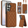 Vintage brown quilted leather crossbody wallet case for Samsung Galaxy A-Series displaying full composite views including rear card slot flap, open ID window, detachable lanyard strap, and kickstand mode.