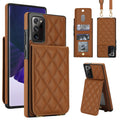 Vintage brown quilted leather crossbody wallet case for Samsung Galaxy A73-A71 displaying full composite views including rear card slot flap, open ID window, detachable lanyard strap, and kickstand mode.