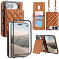 Vintage brown quilted leather crossbody wallet case for iPhone DUO displaying full composite views with screen protector, card slots flap, lanyard, and kickstand support.