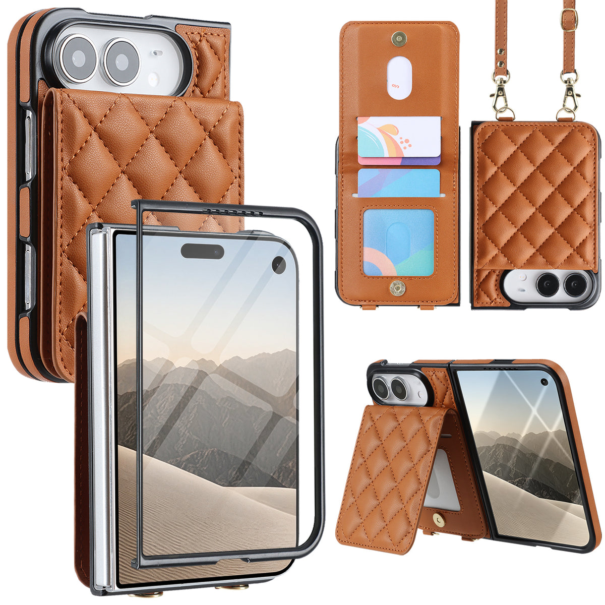 Vintage brown quilted leather crossbody wallet case for iPhone DUO displaying full composite views with screen protector, card slots flap, lanyard, and kickstand support.