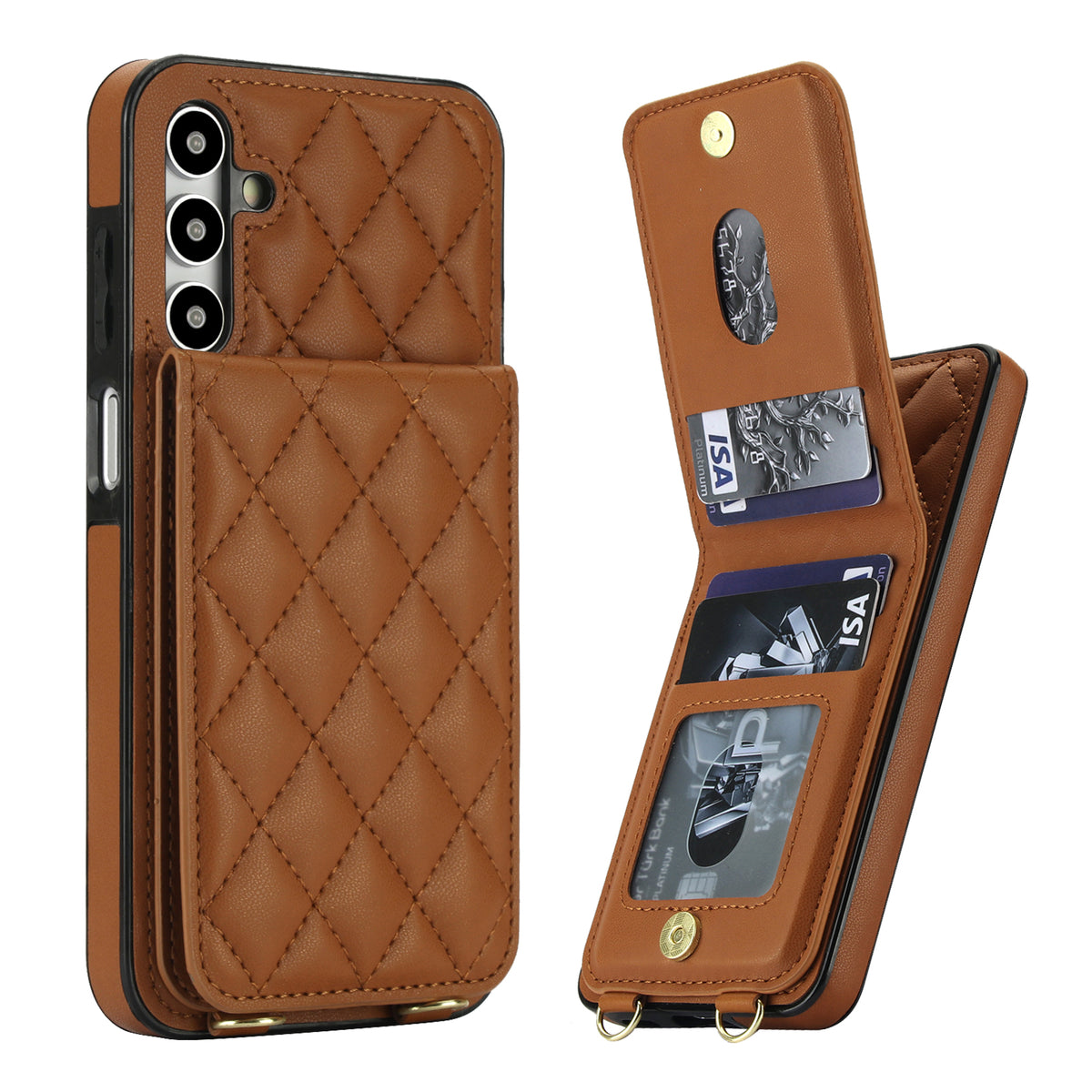 Vintage brown quilted leather wallet case for Samsung Galaxy A-Series displaying open snap-button wallet flap with multi-card slots and clear photo ID window.