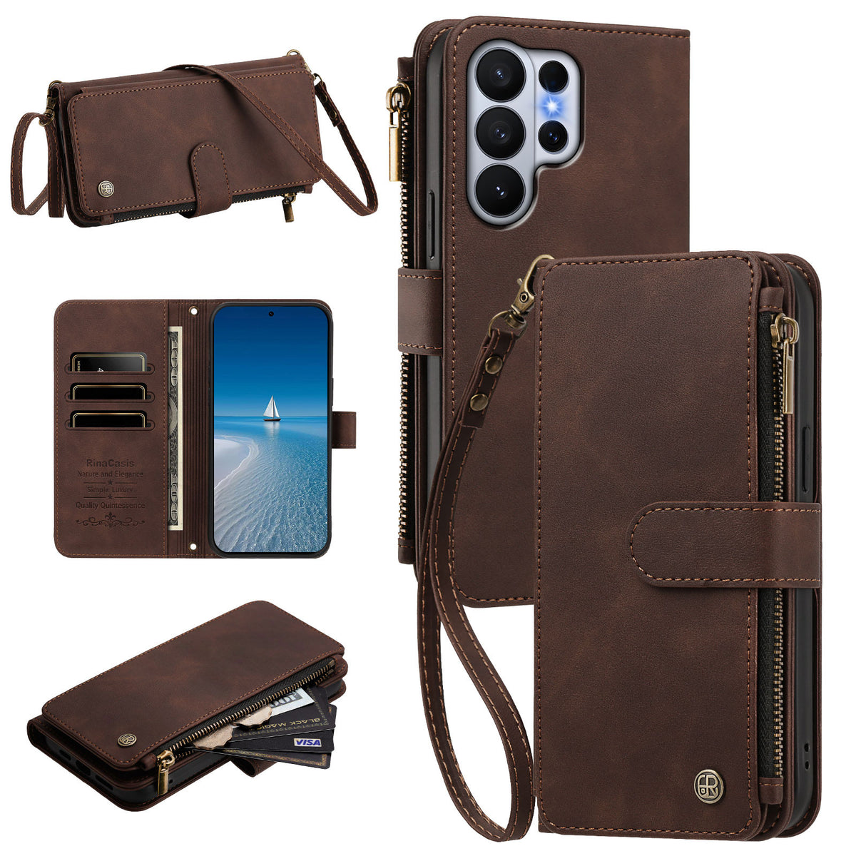 Vintage coffee brown leather crossbody wallet case for Samsung Galaxy with adjustable lanyard strap cash storage and card organizer