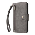 Vintage grey leather wallet case for Samsung Galaxy with outer zipper pocket and wristlet strap.