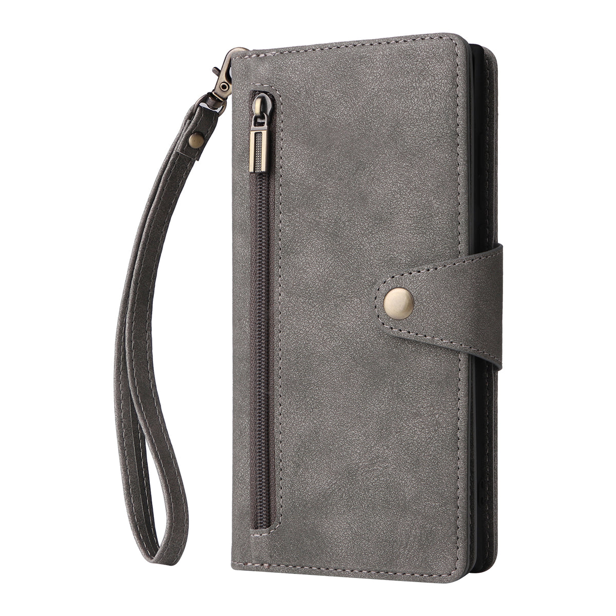 Vintage grey leather wallet case for Samsung Galaxy with outer zipper pocket and wristlet strap.