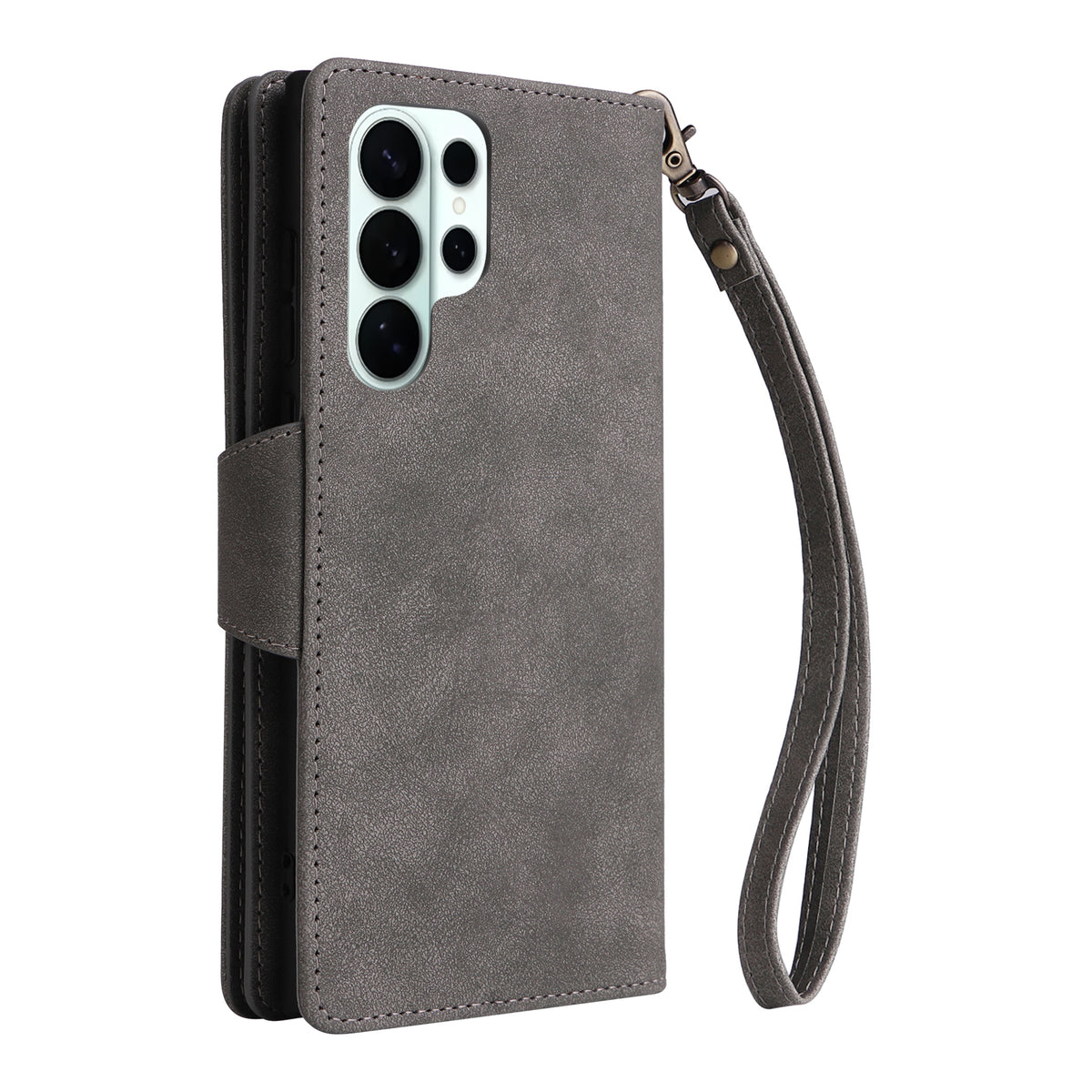 Vintage grey leather wallet phone case closed view with camera cutouts, magnetic snap closure, and detachable wristlet strap.