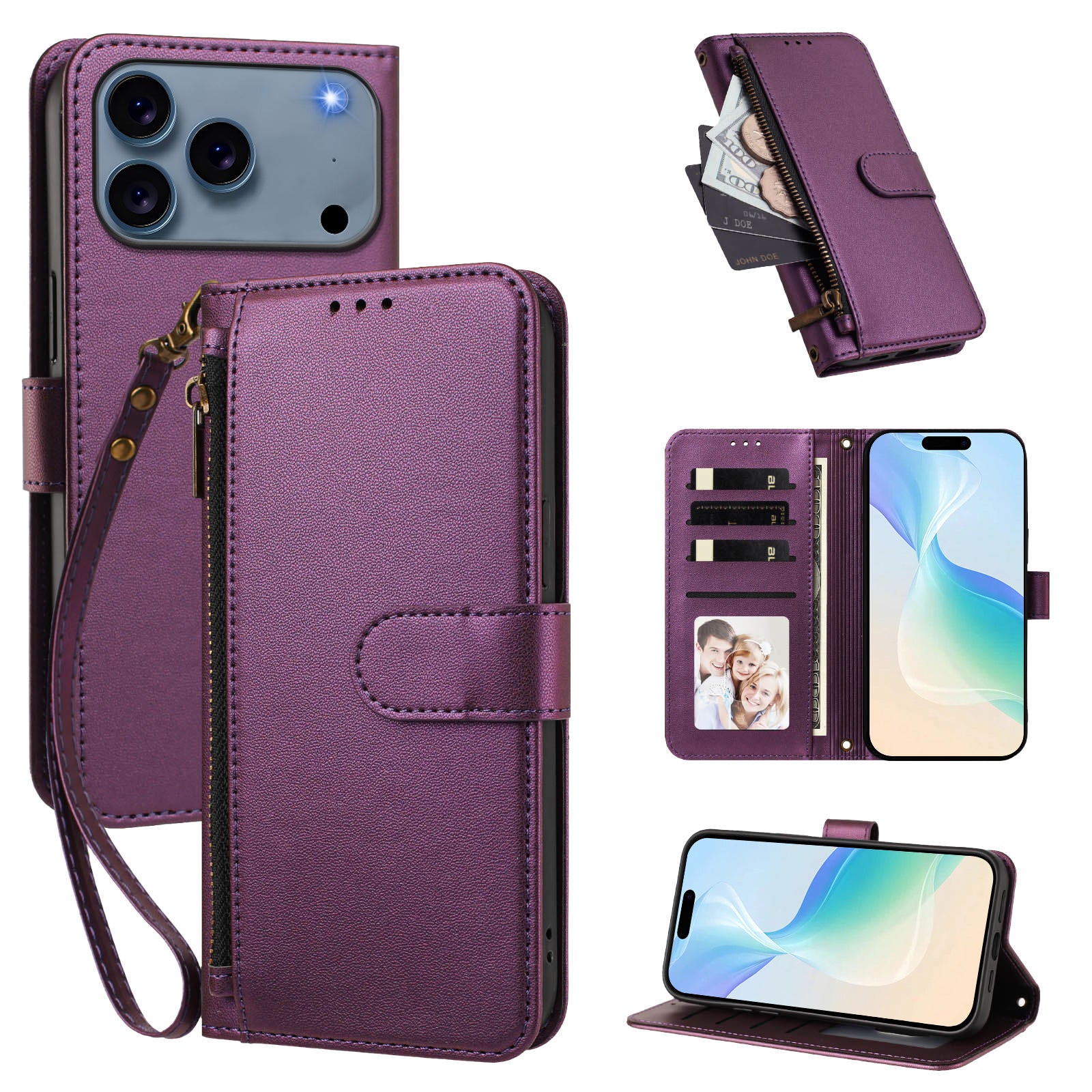 Violet leather zipper wallet case — card holder flip cover