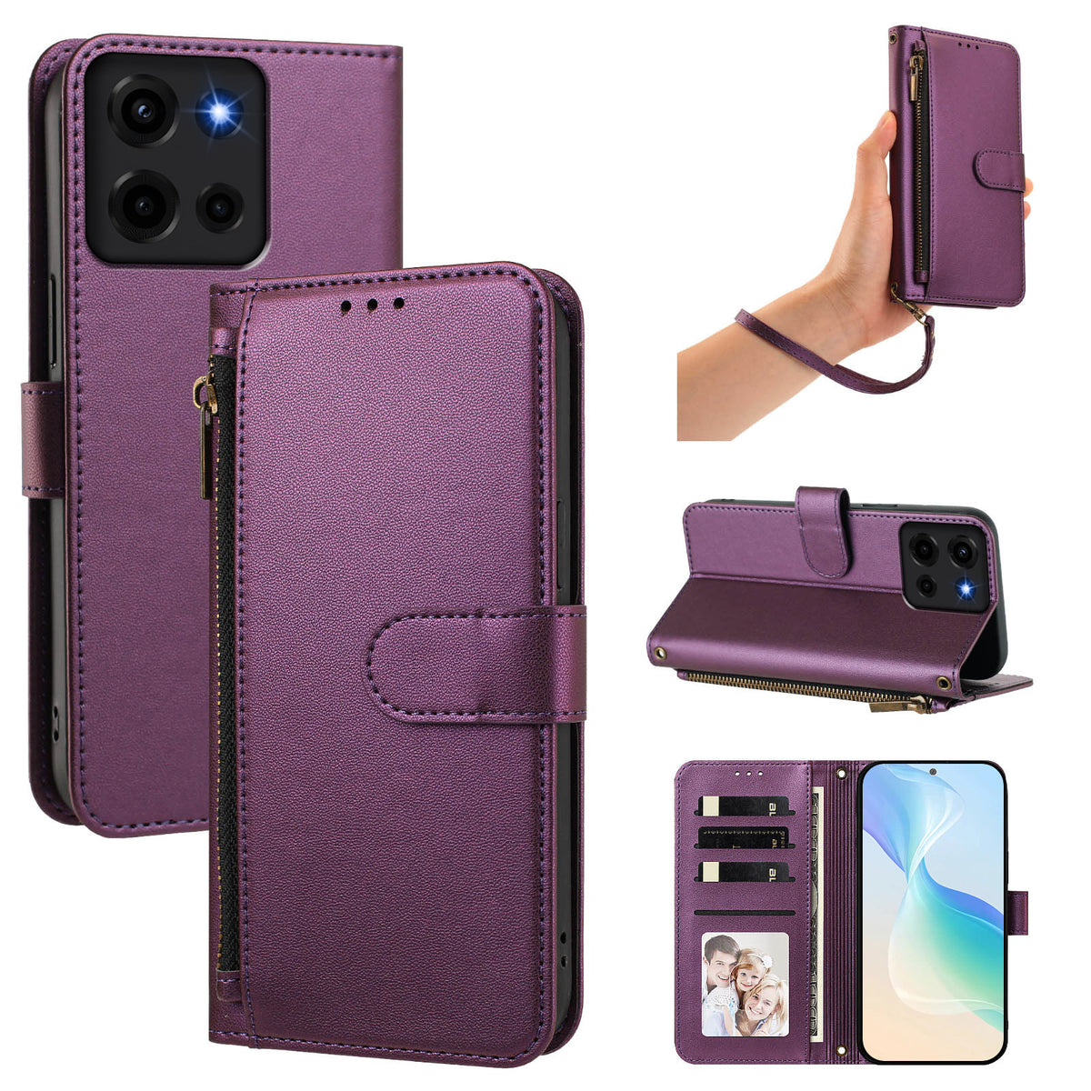 Violet purple Motorola Moto G Play leather wallet case set featuring camera module protection, wrist lanyard, desktop kickstand, and open 4-card holder slots
