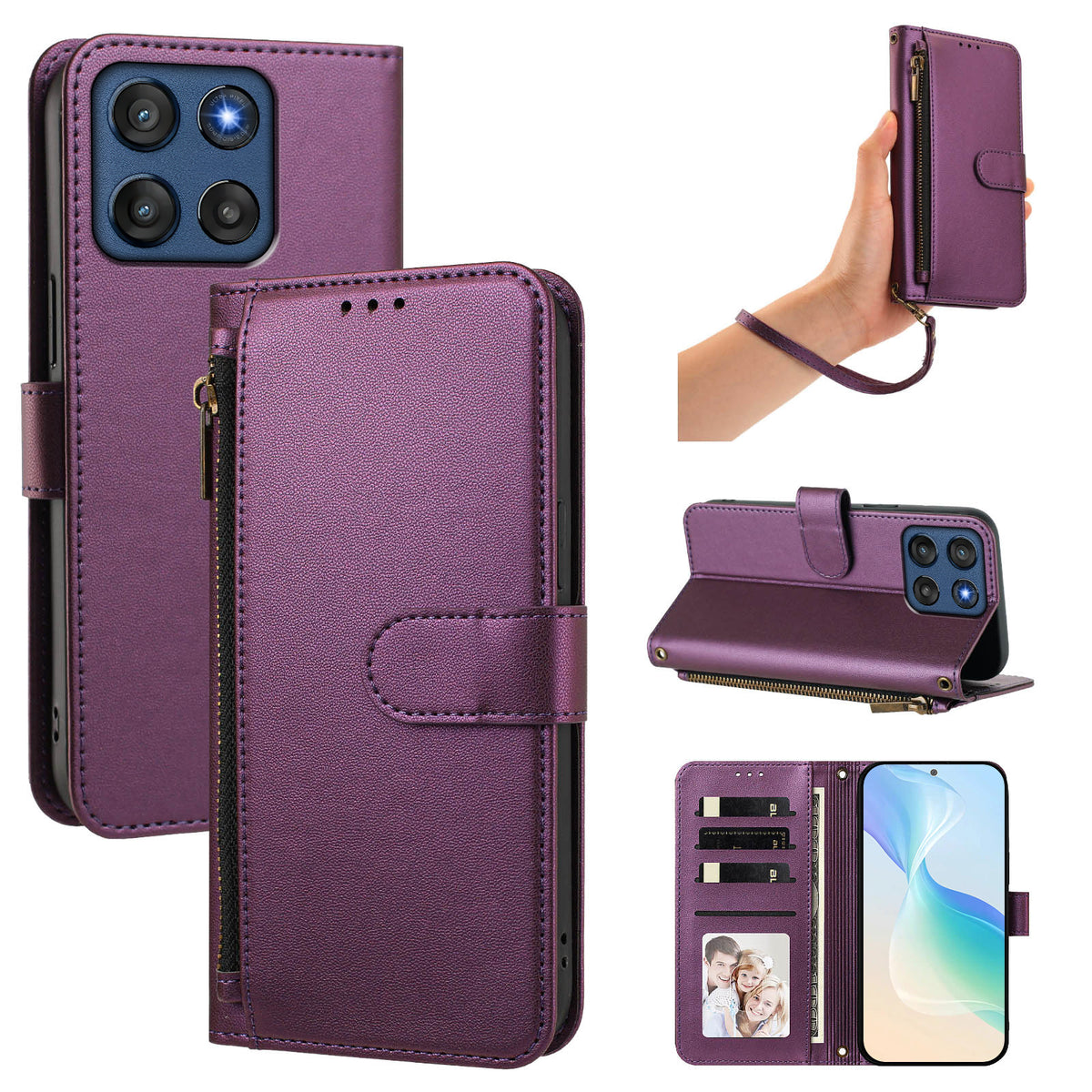 Violet purple Motorola Moto G Power 5G leather wallet case set featuring rear camera protection, hand wristlet strap, desktop stand mode, and open card slots