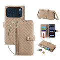 Warm beige woven leather iPhone wallet case with detachable wrist lanyard, interior card slots, and exterior zipper compartment.