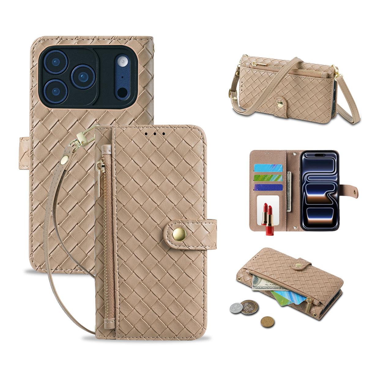 Warm beige woven leather iPhone wallet case with detachable wrist lanyard, interior card slots, and exterior zipper compartment.