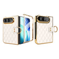 White diamond-quilted leather iPhone DUO case with electroplated gold frame, built-in screen protector, and metal ring buckle