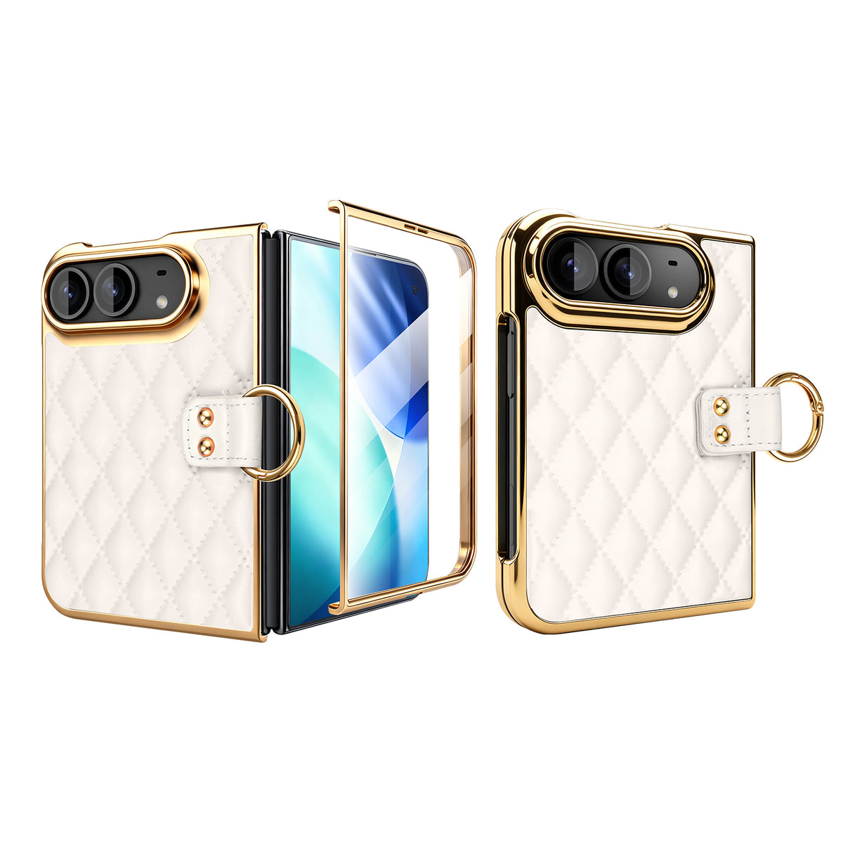 White diamond-quilted leather iPhone DUO case with electroplated gold frame, built-in screen protector, and metal ring buckle