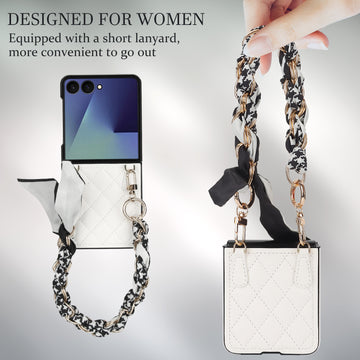 White quilted leather Samsung Galaxy Z Flip phone case with a black and white houndstooth scarf chain wristlet strap