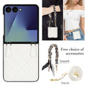 White quilted leather case for Samsung Galaxy Z Flip featuring black and white silk scarf chain lanyard and matching white crossbody strap