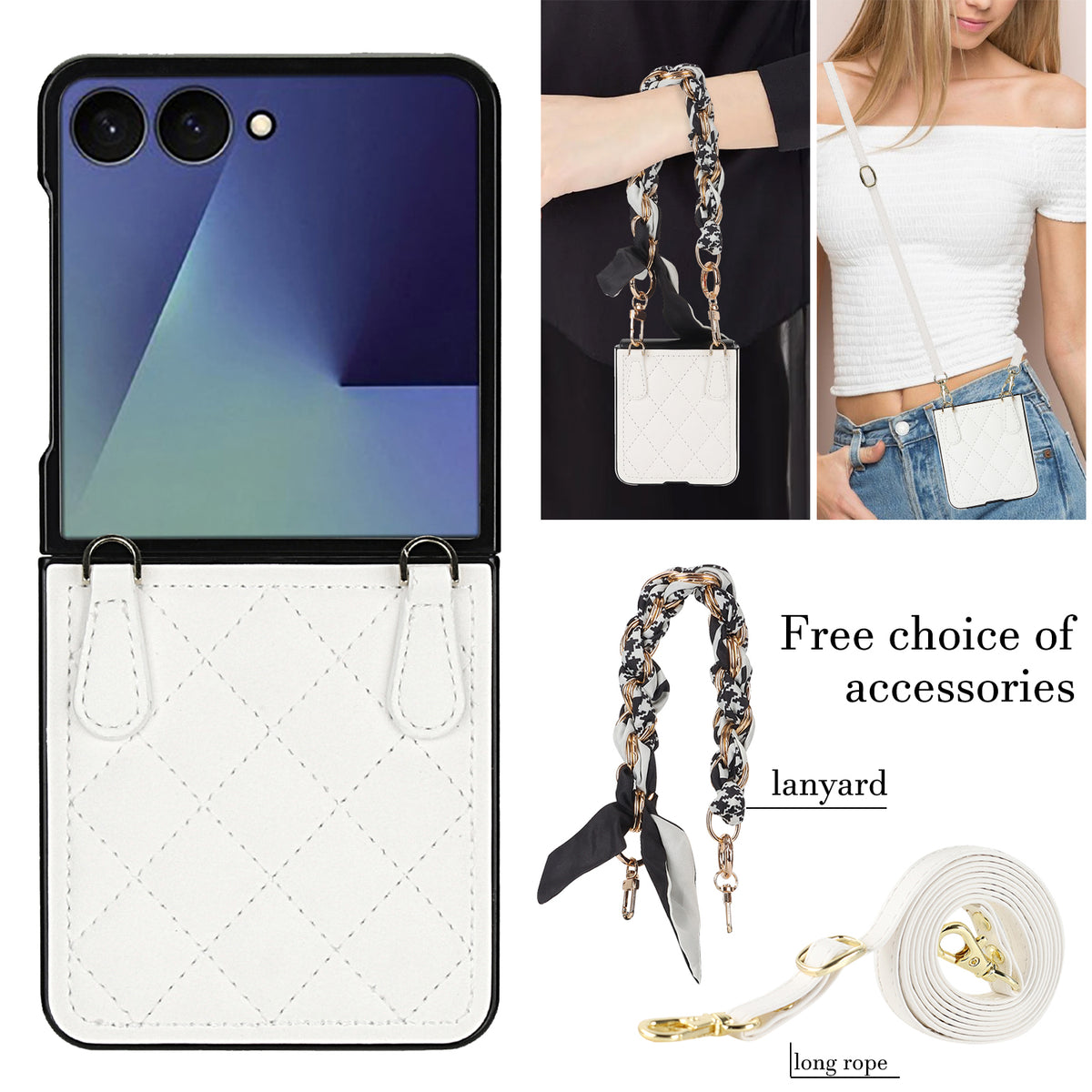 White quilted leather case for Samsung Galaxy Z Flip featuring black and white silk scarf chain lanyard and matching white crossbody strap