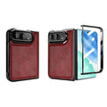 Wine red leather luxury cover for iPhone DUO featuring sleek electroplated black frame and front glass protector