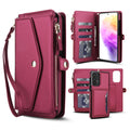 Wine red 2-in-1 detachable magnetic leather wallet case for Samsung Galaxy A73 A72 displaying multi-card organizer slots, zippered coin purse, wristlet lanyard, and detachable inner shell.