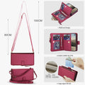 Wine red crossbody leather wallet purse for iPhone DUO displaying 80cm to 150cm adjustable shoulder strap, RFID blocking card slots, and zippered bill pocket.
