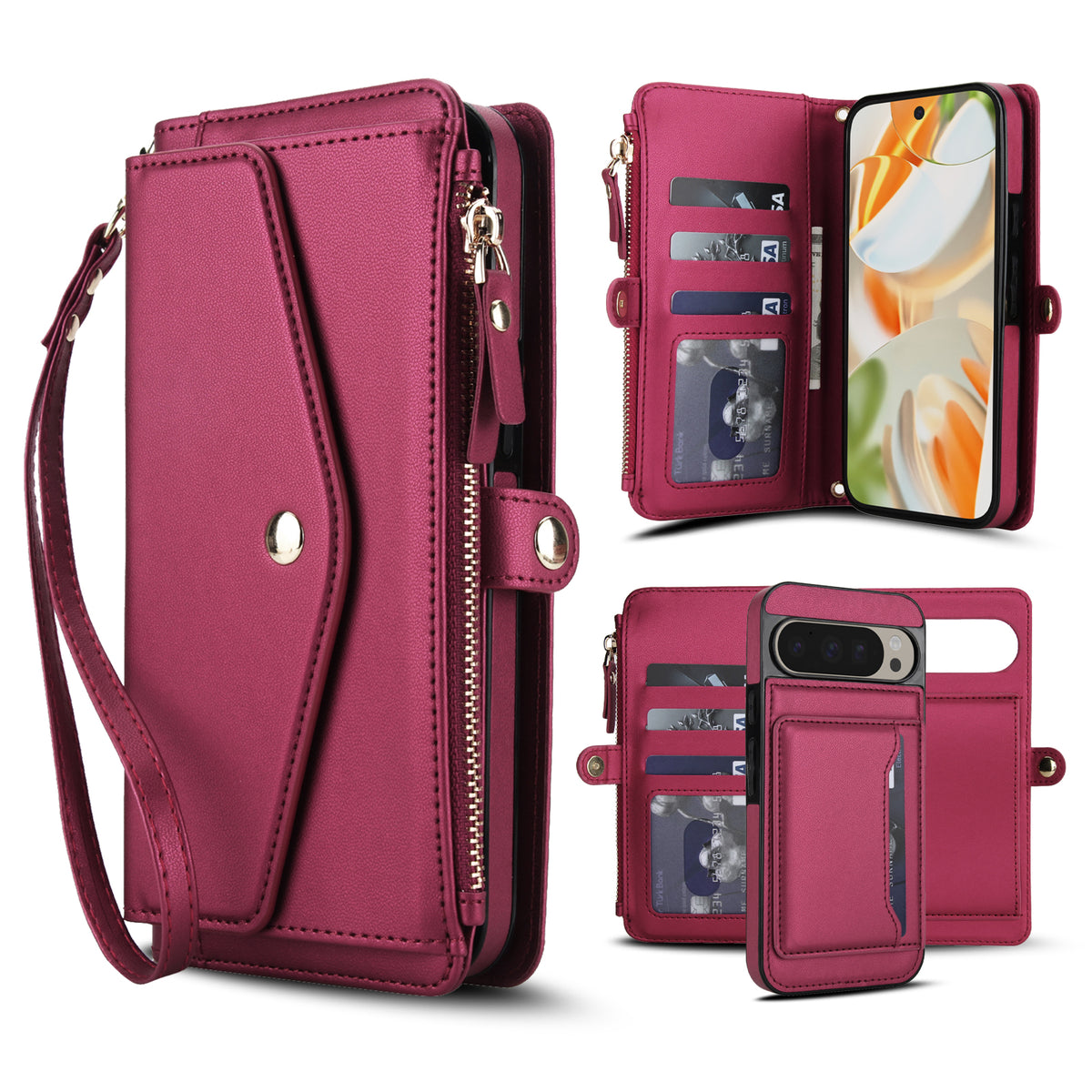 Wine red leather 2-in-1 detachable wallet phone case for Google Pixel displaying multi-card storage, zipper purse, wristlet strap, and removable magnetic phone case.