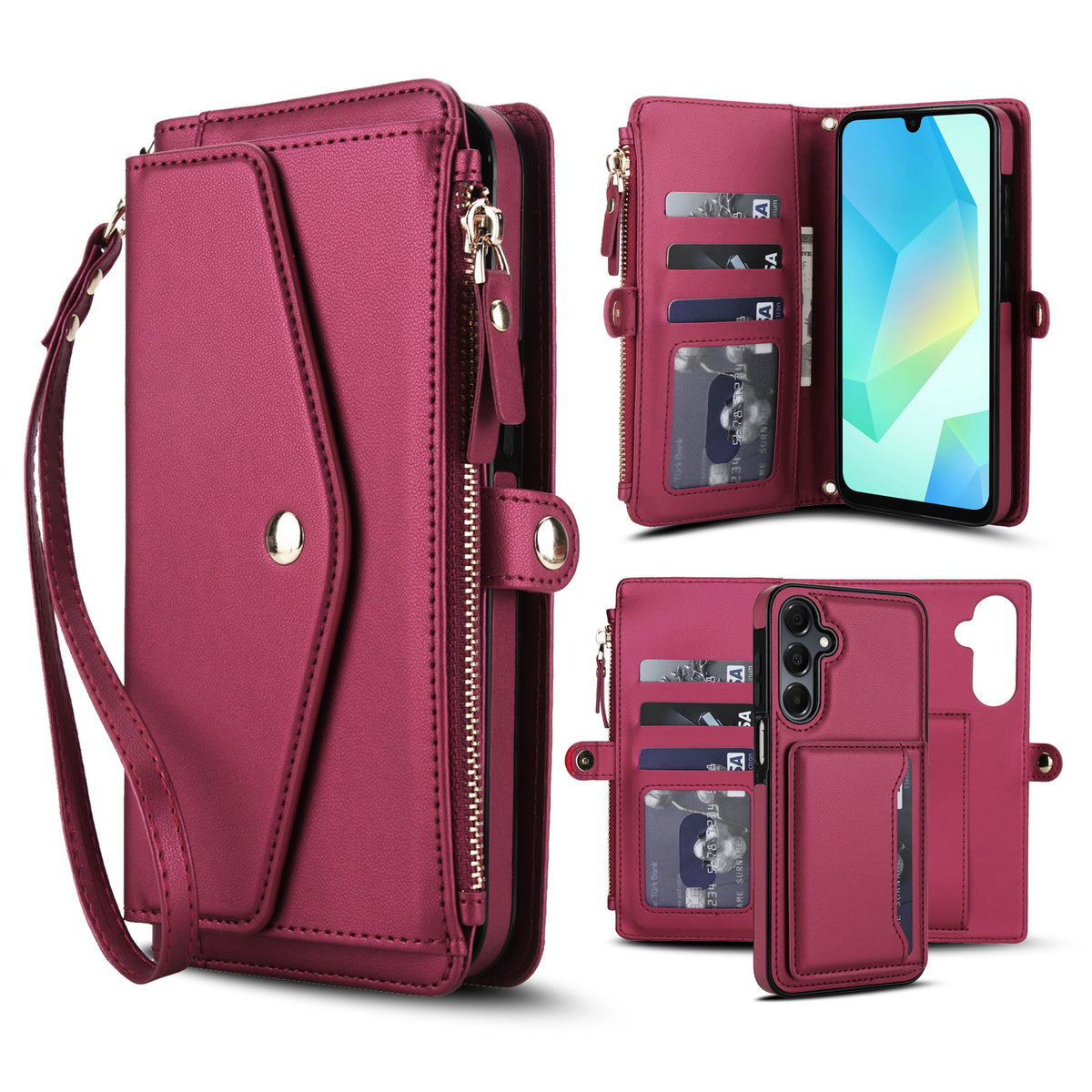 Wine red leather 2-in-1 detachable wallet phone case for Samsung Galaxy A series with wristlet strap, zippered pocket, card slots, and magnetic inner shell。