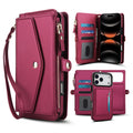 Wine red leather 2-in-1 detachable wallet phone case for iPhone displaying multi-card storage, zipper purse, wristlet strap, and removable magnetic phone case.