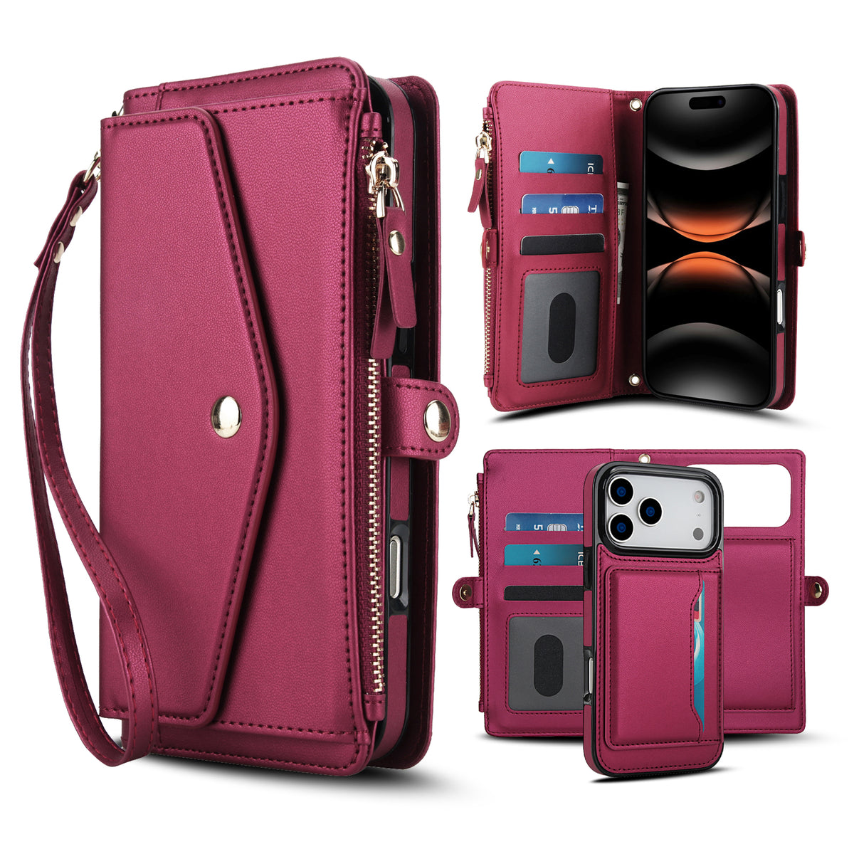 Wine red leather 2-in-1 detachable wallet phone case for iPhone displaying multi-card storage, zipper purse, wristlet strap, and removable magnetic phone case.