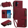 Wine red leather crossbody wallet case for Samsung Galaxy A57, A56, A55, A54, A53, and A52 5G/4G displaying full product composite views, camera cutout, internal card slots flap, cash zipper coin purse, and wrist strap.