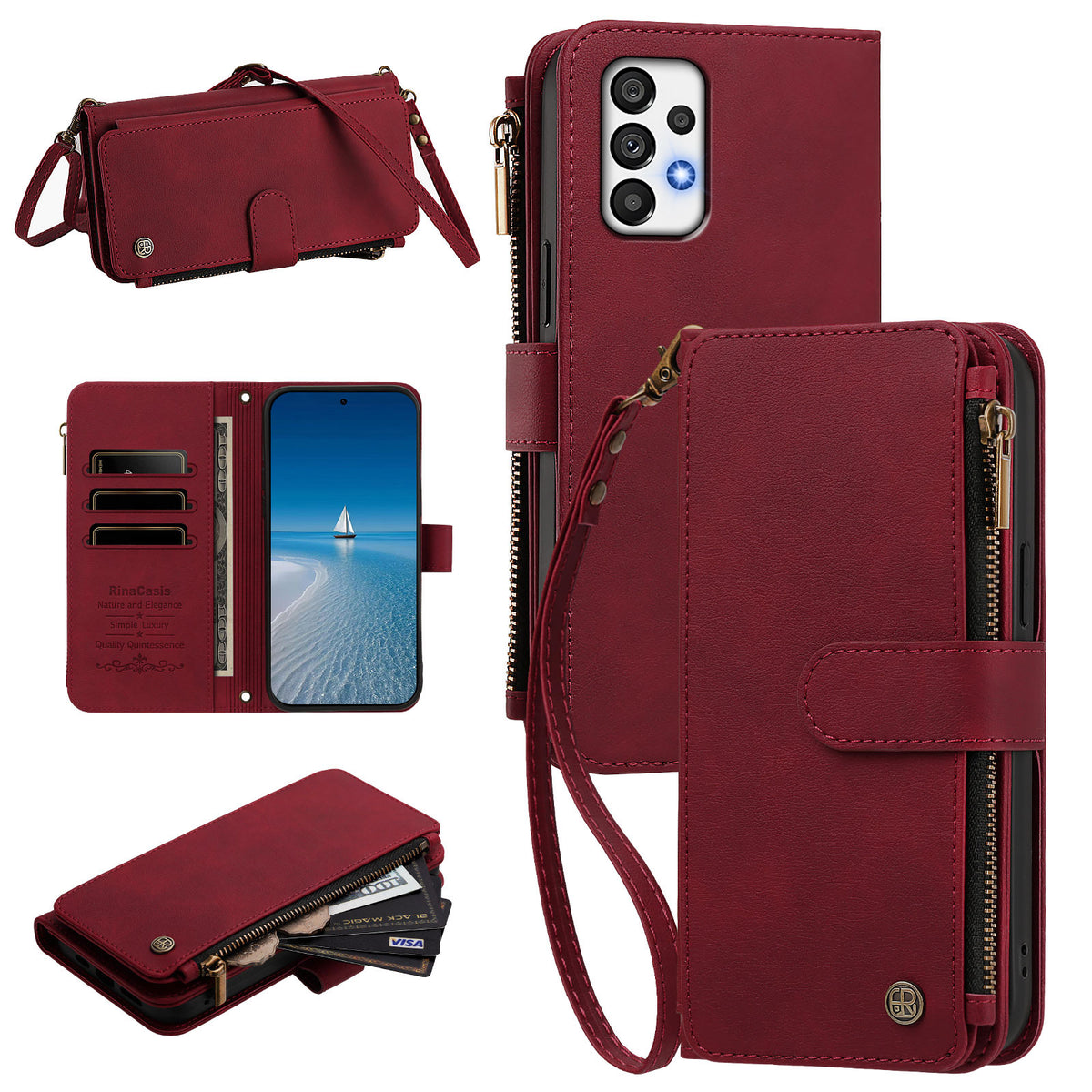 Wine red leather crossbody wallet case for Samsung Galaxy A73, A72, and A71 5G4G showing full product composite views, camera cutout, internal card slots flap, cash zipper coin purse, and wrist strap.