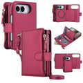 Wine red leather detachable crossbody wallet case for iPhone DUO showing 6 card slots, zipper cash pocket, magnetic ring mount, and adjustable shoulder strap.