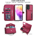 Wine red leather wallet case for Samsung Galaxy A73 A72 displaying 3 card slots, cash pocket, zippered coin purse, and detachable back cover.