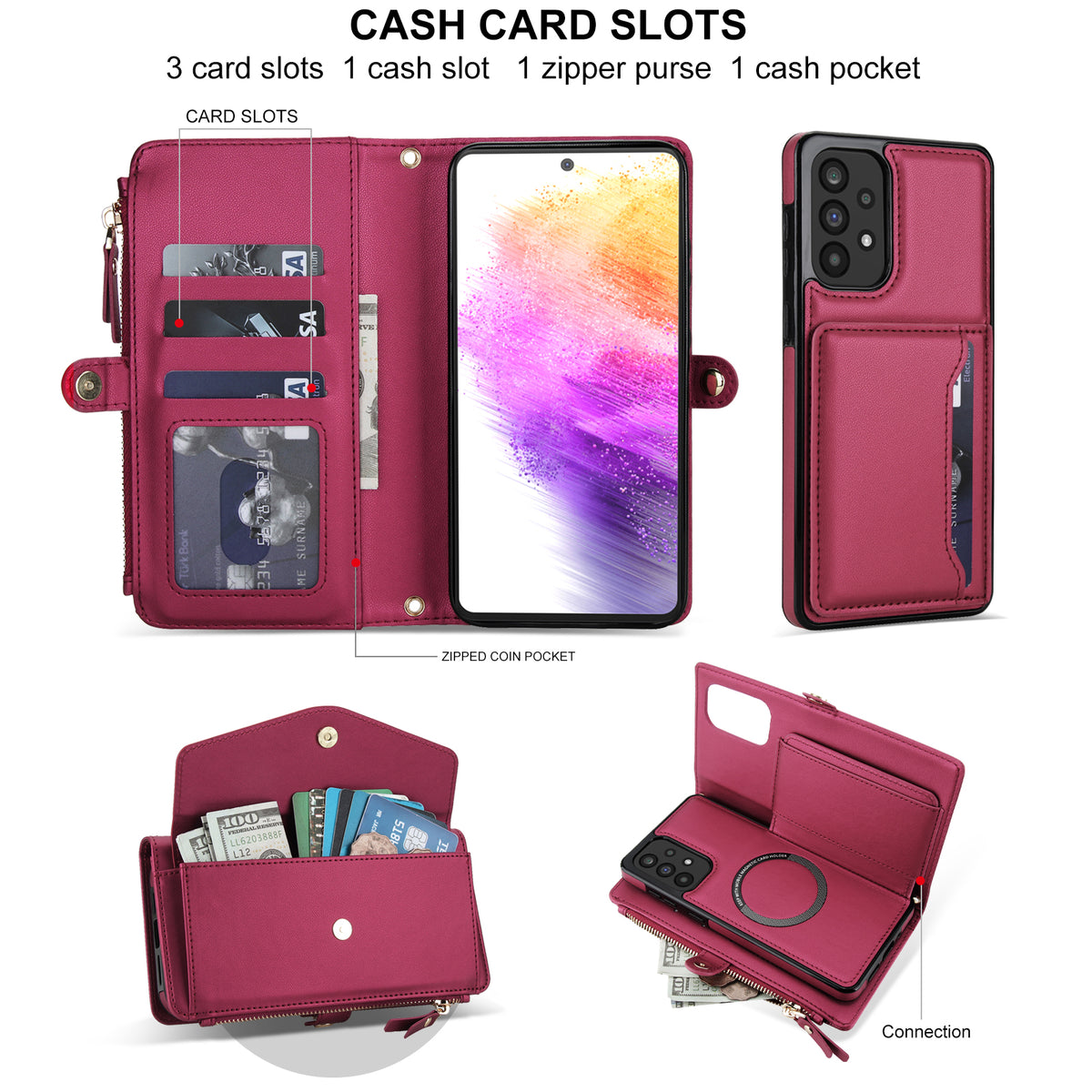 Wine red leather wallet case for Samsung Galaxy A73 A72 displaying 3 card slots, cash pocket, zippered coin purse, and detachable back cover.