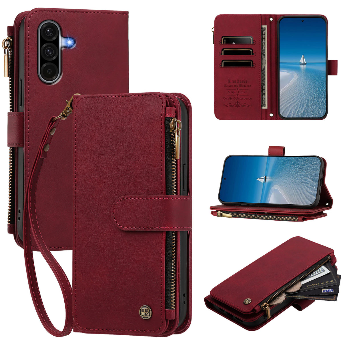 Wine red leather wallet case for Samsung Galaxy A series featuring multi card slots cash holder and kickstand view