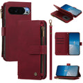 Wine red leather wallet phone case for Google Pixel displaying multi-card storage, zipper purse, wristlet strap, and kickstand stand mode.