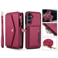 Wine red luxury leather phone case for Samsung Galaxy A series with matching wristlet, magnetic ring back, zipper purse, and crossbody shoulder strap.