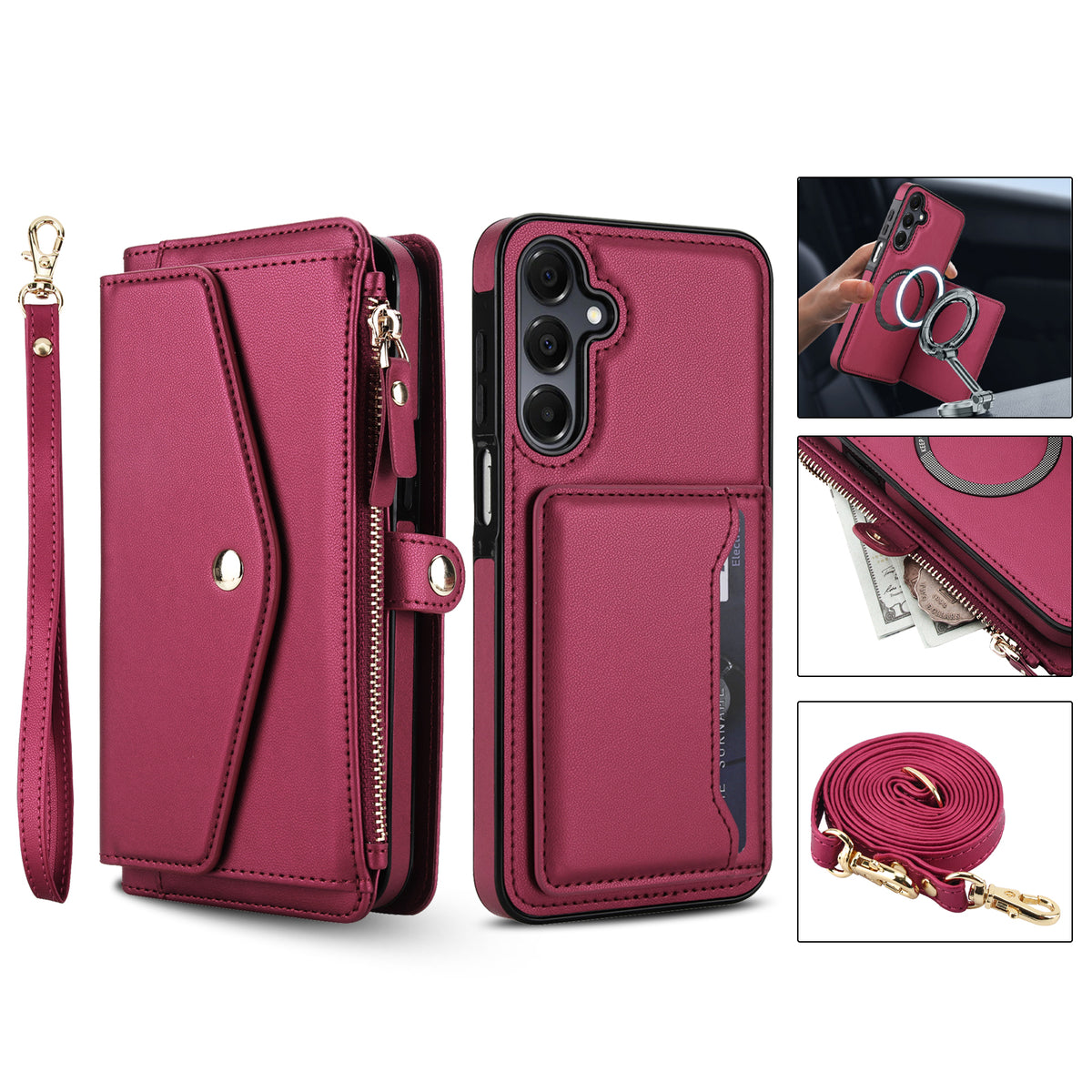 Wine red luxury leather phone case for Samsung Galaxy A series with matching wristlet, magnetic ring back, zipper purse, and crossbody shoulder strap.
