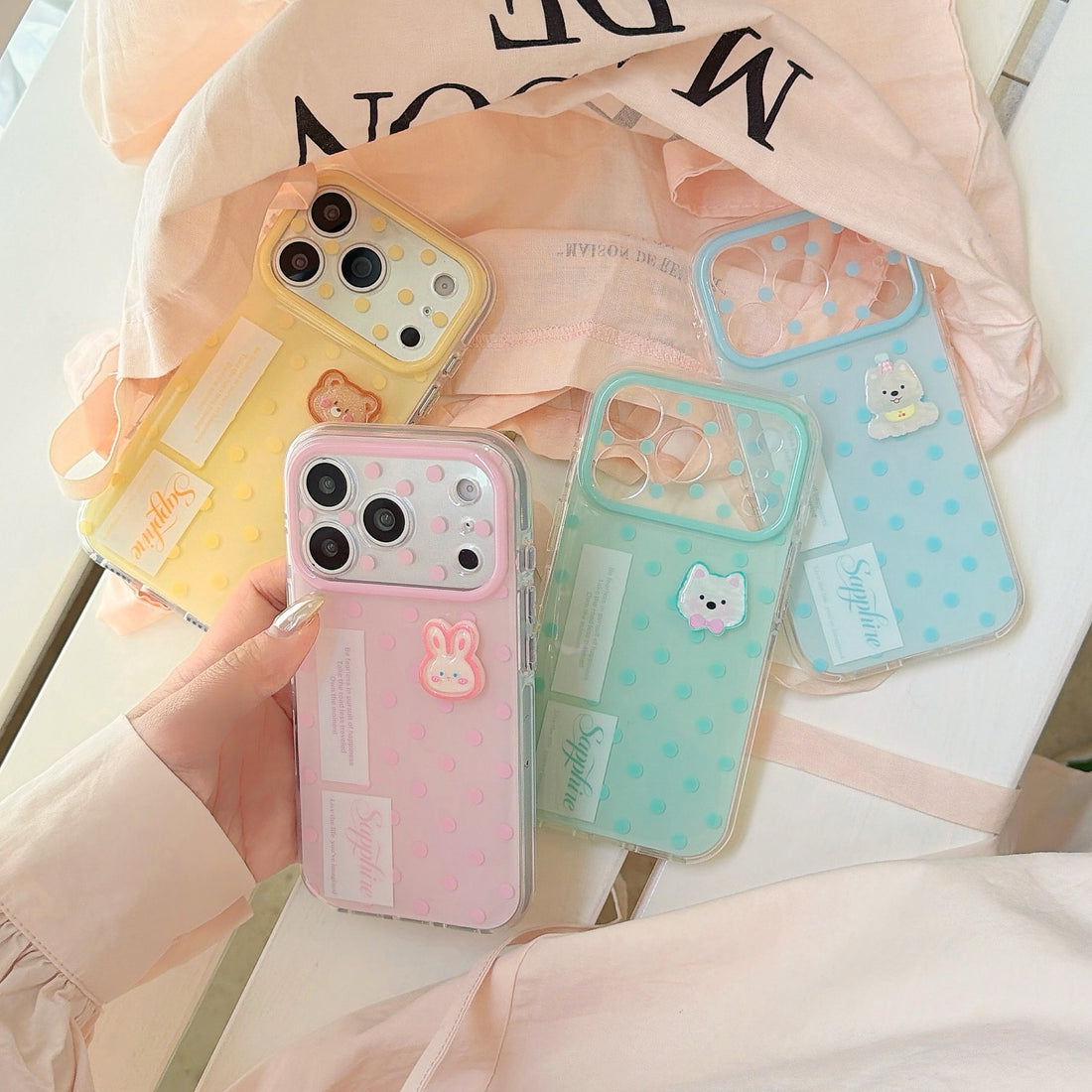 Wobomatic Cute Cartoon 3D Phone Case featuring pastel polka dot pattern with 3D animal decoration - Shockproof TPU case for iPhone 15 16 17