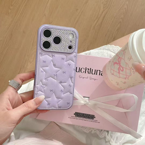 Wobomatic Quilted Star iPhone Case Lavender Purple held in hand showing Stars side tag and quilted texture