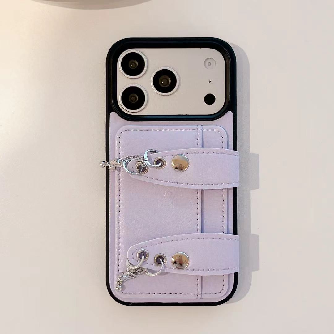 Wobomatic Y2K buckle strap wallet case for iPhone in all four colours — White, Silver, Pink and Lavender Purple — vegan leather with metallic charms and dual buckle straps, compatible with iPhone 13-17