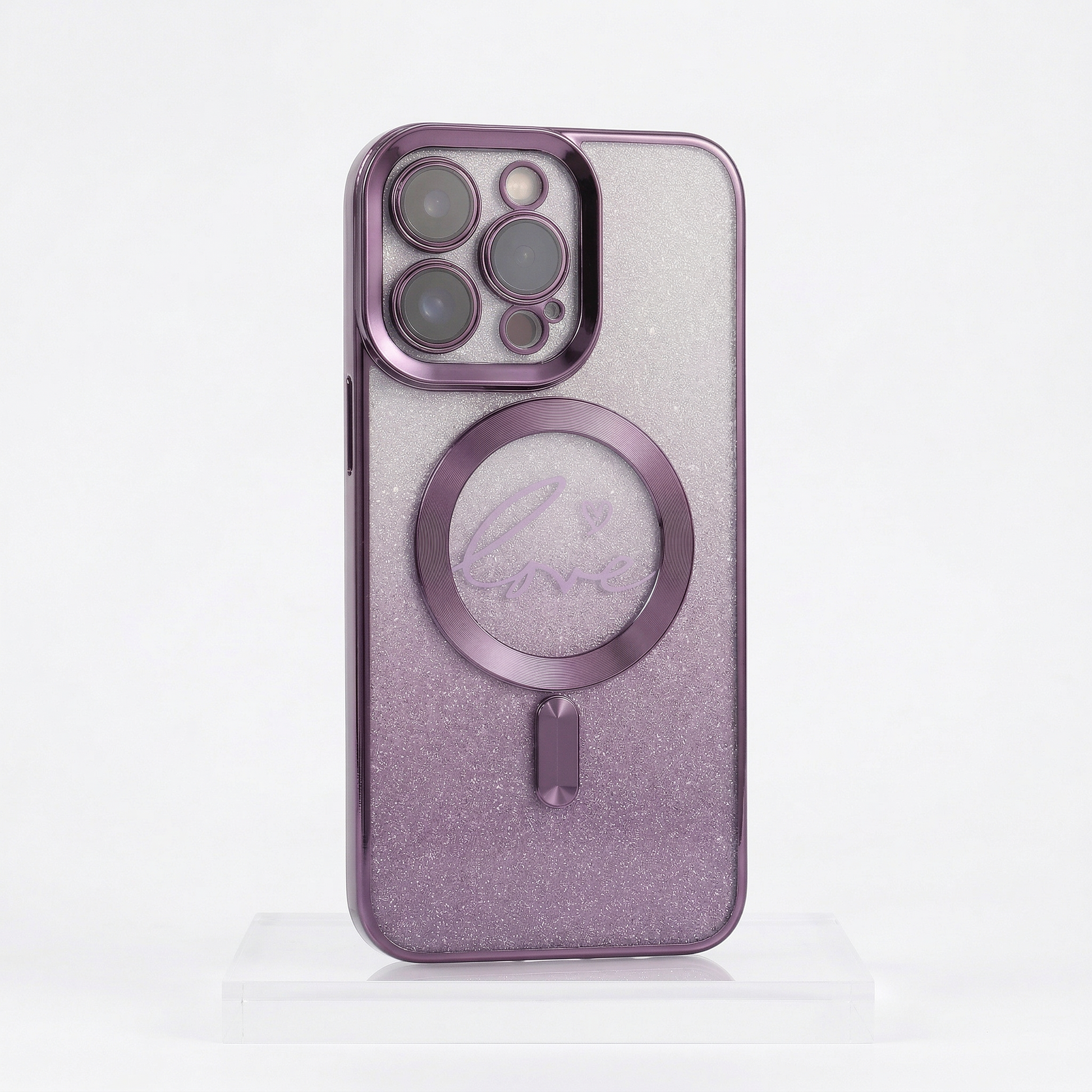 Wobomatic silver to lavender purple gradient glitter iPhone MagSafe case with love heart ring