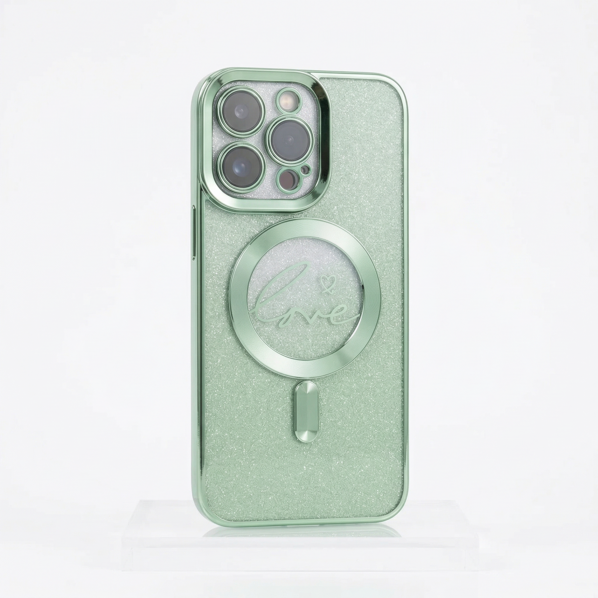 Wobomatic silver to mint green gradient glitter iPhone MagSafe case with love heart ring
