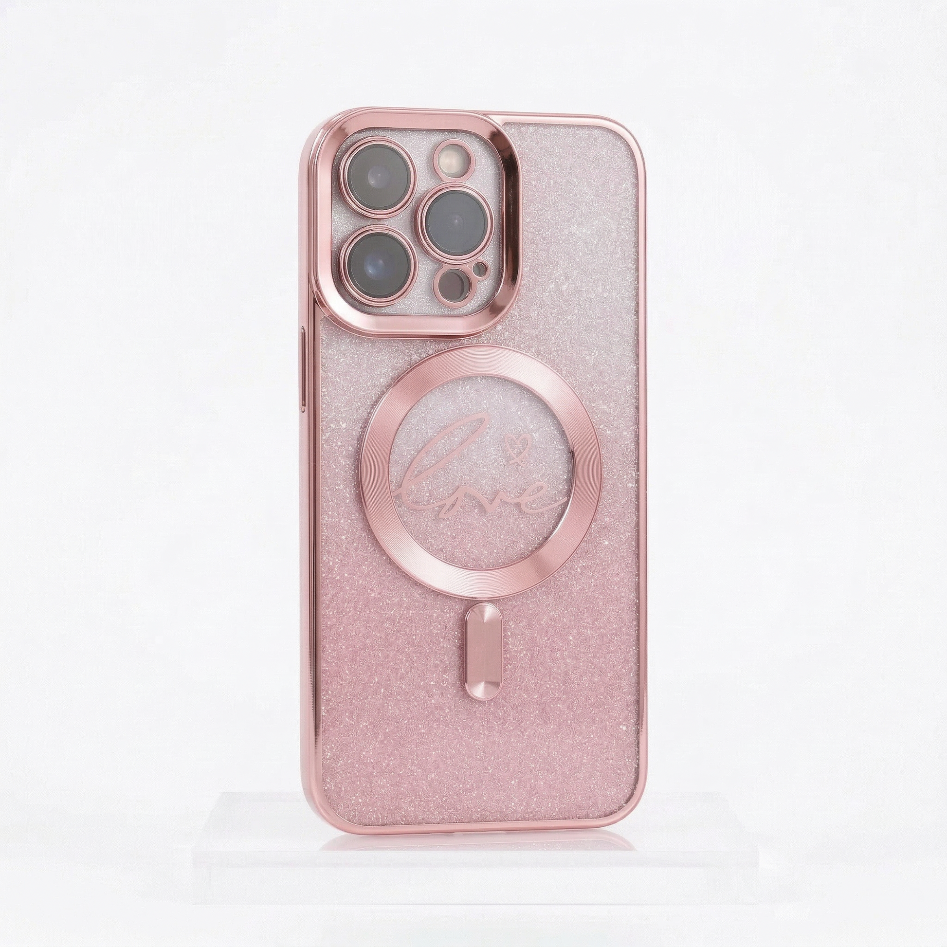 Wobomatic silver to rose pink gradient glitter iPhone MagSafe case with love heart ring