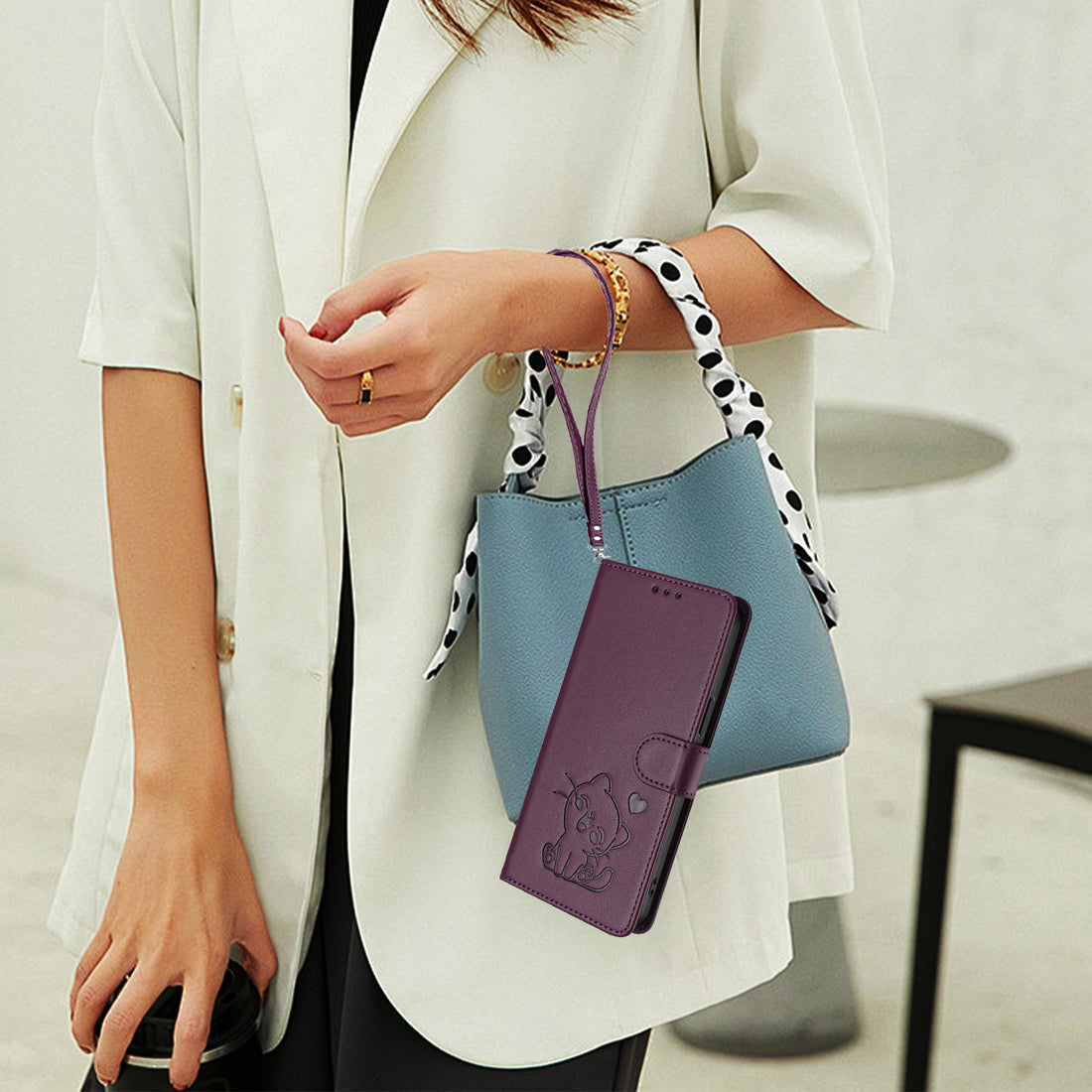 Collection of leather iPhone cases in various colors arranged in a grid, showing color options and consistent design across all variants