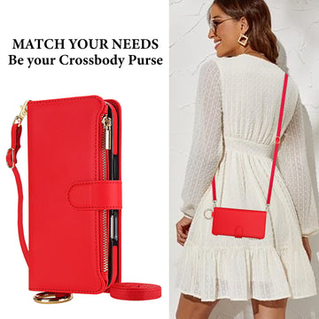 Woman wearing red crossbody wallet phone purse with adjustable shoulder strap